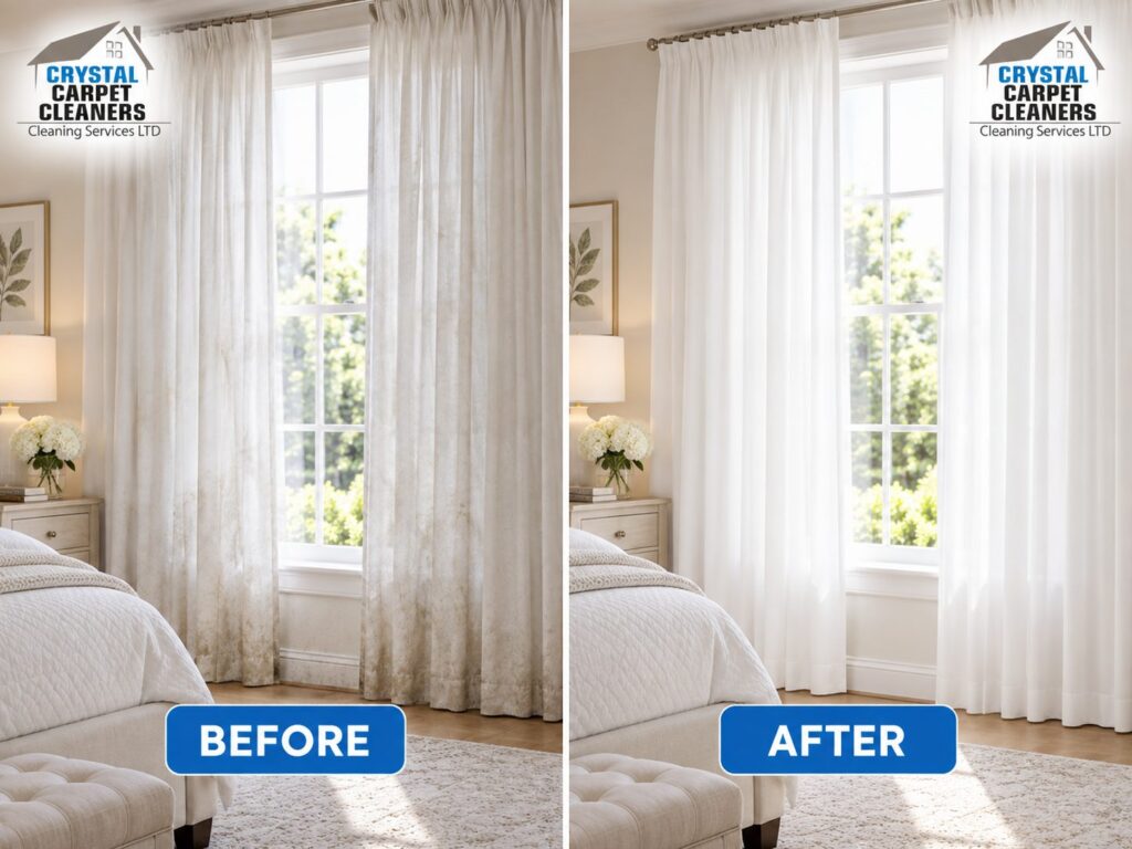 Curtain cleaning before and after in London by Crystal Carpet Cleaners
