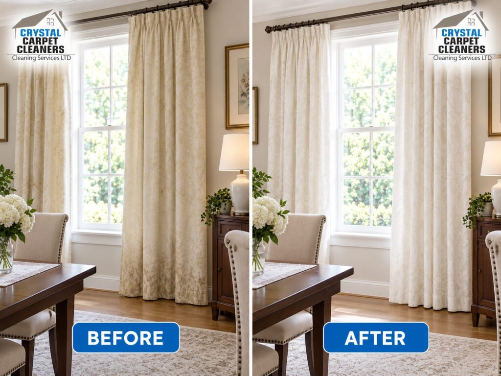 Curtain cleaning before and after in London by Crystal Carpet Cleaners