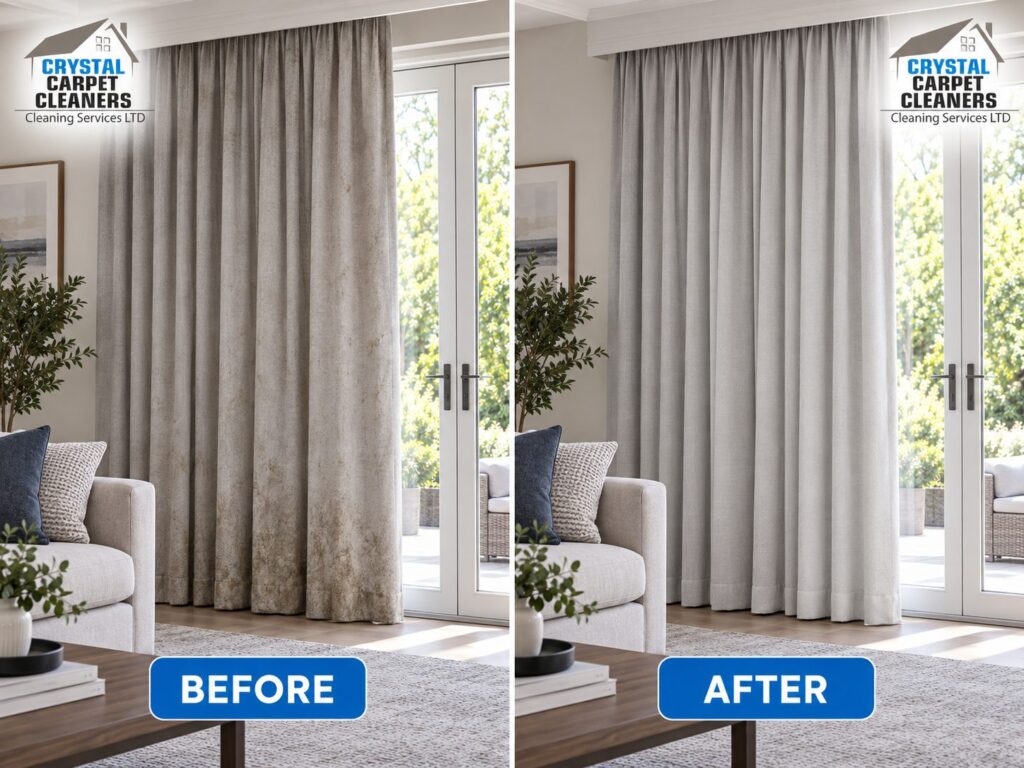 Curtain cleaning before and after in London by Crystal Carpet Cleaners