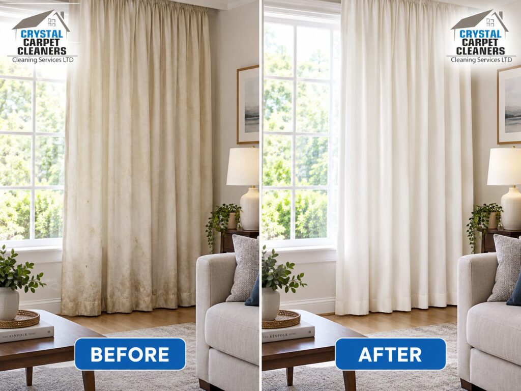 Curtain cleaning before and after in London by Crystal Carpet Cleaners