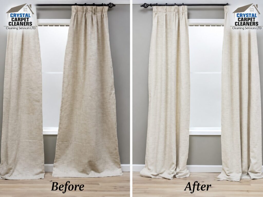 Curtain cleaning before and after in London by Crystal Carpet Cleaners