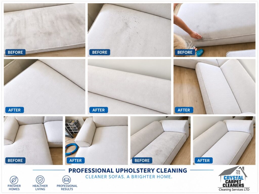 Upholstery and sofa cleaning before and after in London by Crystal Carpet Cleaners